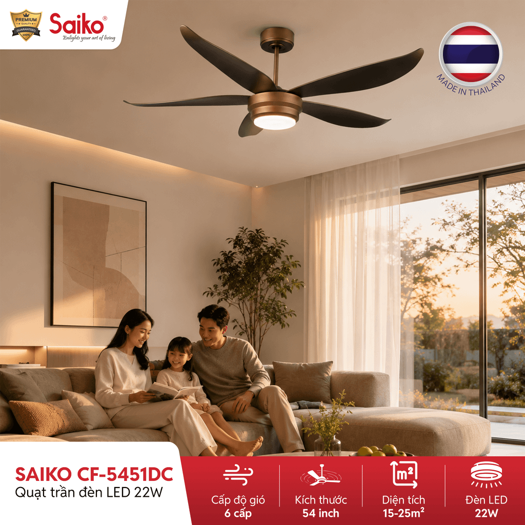 Quạt trần đèn LED 5 cánh Saiko CF-5451 DC 54 inch