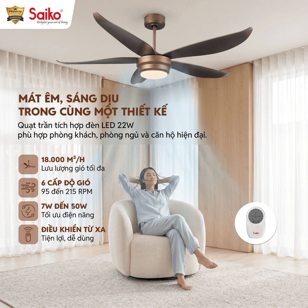 Quạt trần đèn LED 5 cánh Saiko CF-5451 DC 54 inch