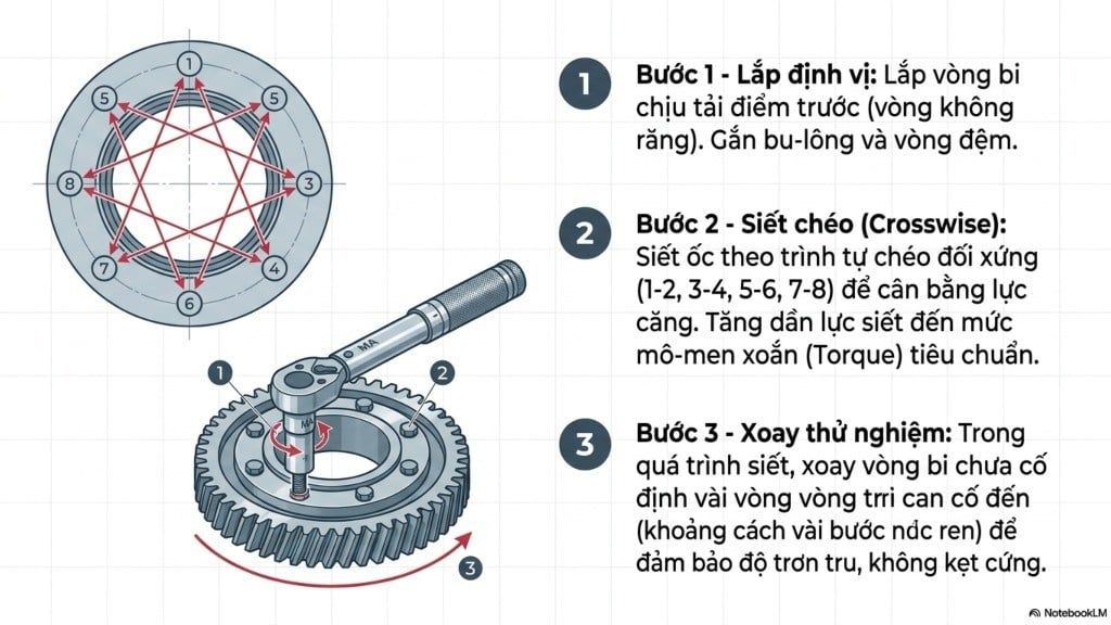 Siết ốc khi lắp đặt tổng hợp mâm quay toa cần cẩu