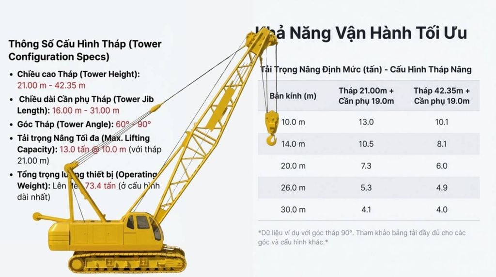 [Biểu đồ tải trọng và bán kính làm việc của cần cẩu Sumitomo SC650-2 với cấu hình tháp nâng, hiển thị các đường cong tải trọng cho các cấu hình tháp và cần phụ khác nhau cùng với bảng tải trọng định mức.]