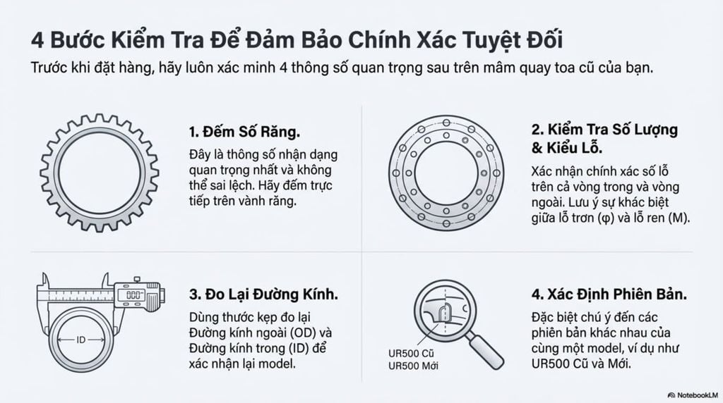 Hướng dẫn 4 bước kiểm tra mâm quay toa: Đếm số răng, kiểm tra số lượng & kiểu lỗ, đo lại đường kính, xác định phiên bản