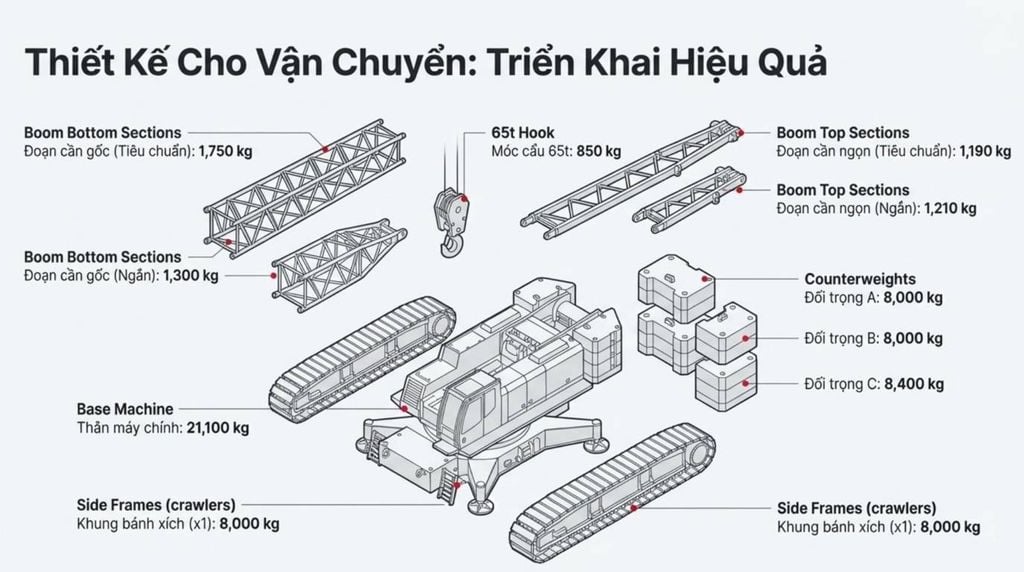 [Sơ đồ phân rã các bộ phận chính của cần cẩu Sumitomo SC650-2, hiển thị từng cấu kiện riêng lẻ cùng với trọng lượng của chúng, nhấn mạnh khả năng tháo lắp để vận chuyển hiệu quả.]