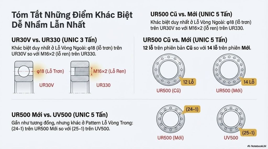 Tóm tắt các điểm khác biệt quan trọng nhất giữa các model mâm quay toa Unic 3 tấn (UR30V vs UR330) và 5 tấn (UR500 Cũ vs Mới, UR500 Mới vs UV500)