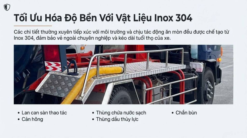 Hình ảnh cận cảnh phần đuôi xe với sàn thao tác, lan can và các chi tiết bằng Inox 304 sáng bóng, cho thấy sự chú trọng vào độ bền và tính thẩm mỹ.