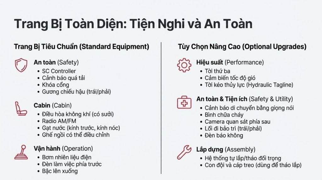 [Danh sách các trang bị tiêu chuẩn và tùy chọn nâng cao của cần cẩu Sumitomo SC650-2, được phân loại theo An toàn, Cabin, Vận hành, Hiệu suất, An toàn & Tiện ích và Lắp dựng.]