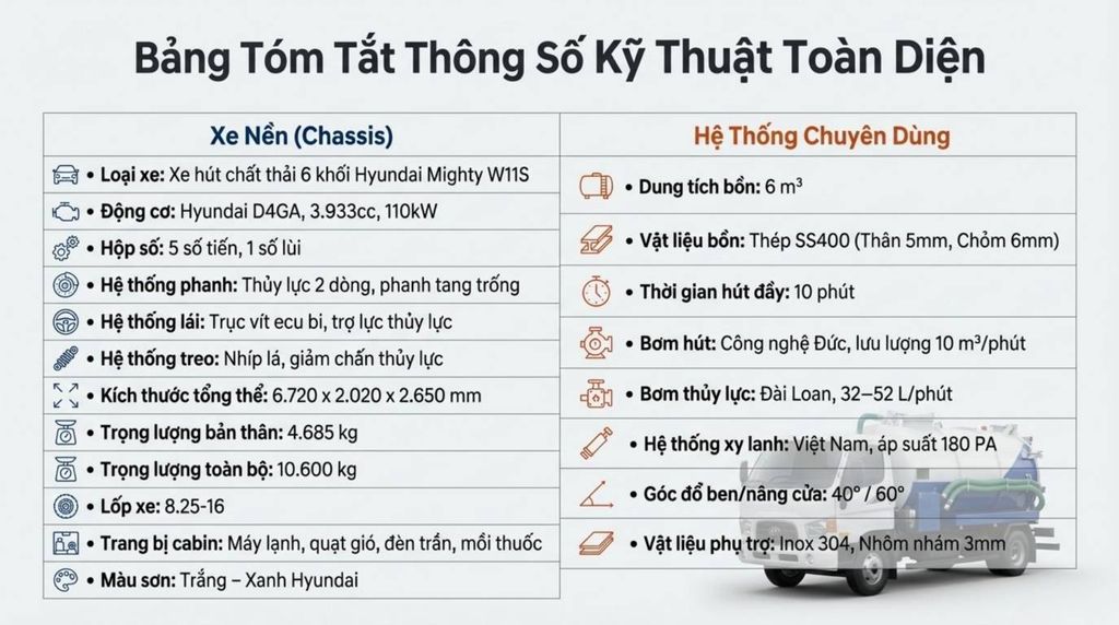 Bảng tổng hợp chi tiết các thông số kỹ thuật của xe nền (Chassis) và hệ thống chuyên dùng, được trình bày rõ ràng với các biểu tượng minh họa.