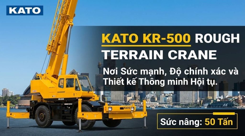 [Hình ảnh tổng quan KATO KR-500 Rough Terrain Crane với sức nâng 50 tấn, nổi bật giữa cảnh quan đô thị hiện đại, thể hiện sự kết hợp hoàn hảo giữa công nghệ và hiệu suất.]