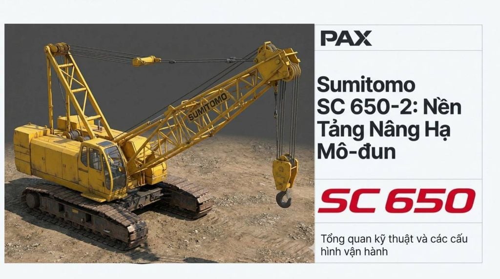 cẩu bánh xích Sumitomo SC650-2 màu vàng với móc cẩu, cùng với các thông tin về tên model, khả năng mô-đun và tổng quan kỹ thuật.]