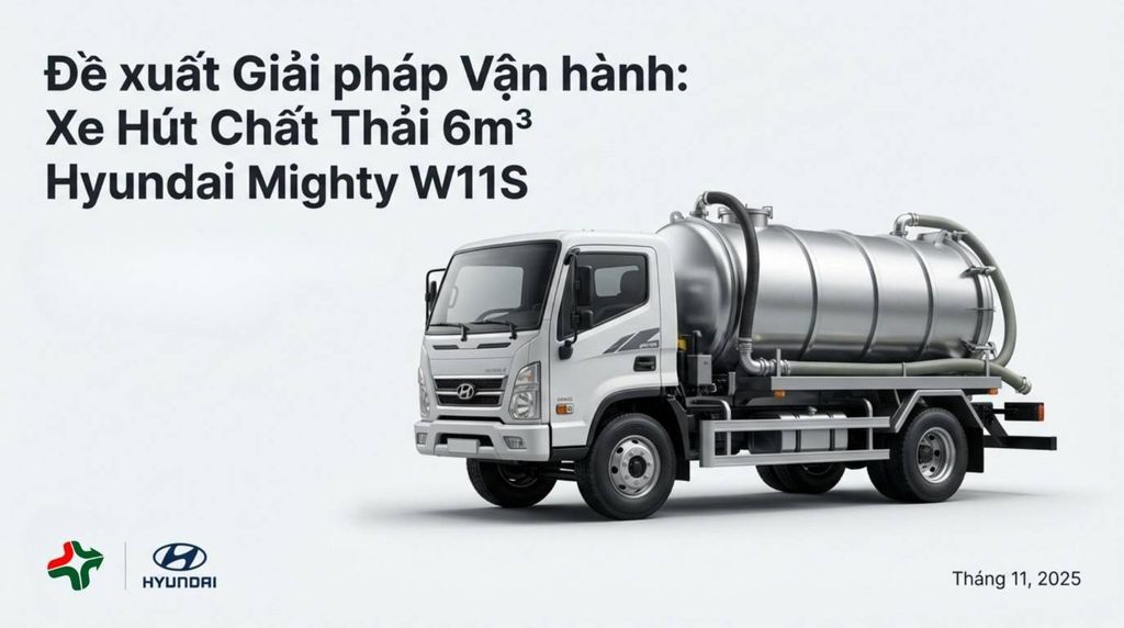 Hình ảnh tổng quan xe hút chất thải Hyundai Mighty W11S 6m³ màu trắng, với bồn chứa kim loại sáng bóng, thể hiện sự mạnh mẽ và chuyên nghiệp.