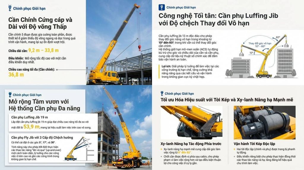 [KATO KR-500 đang hoạt động với cần chính vươn cao, minh họa các chế độ cần phụ Luffing Jib và Fly Jib, cùng với hình ảnh chi tiết về xy-lanh nâng hạ và tời kép.]
