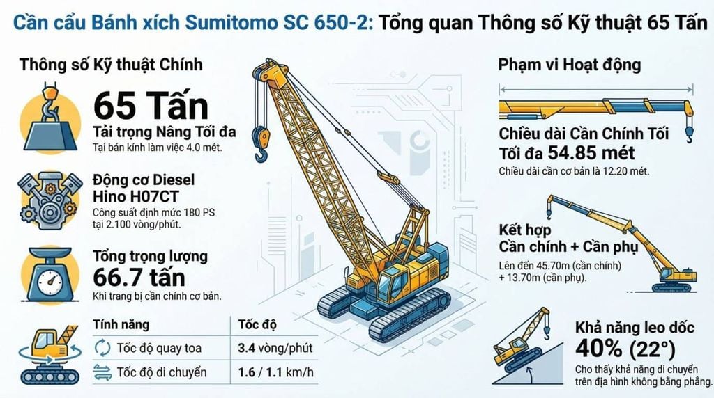 [Biểu đồ kỹ thuật chi tiết của cần cẩu bánh xích Sumitomo SC650-2, hiển thị các kích thước cơ bản, thông số động cơ, công suất, tải trọng nâng tối đa, tốc độ di chuyển và các thông số vận hành cốt lõi khác.]