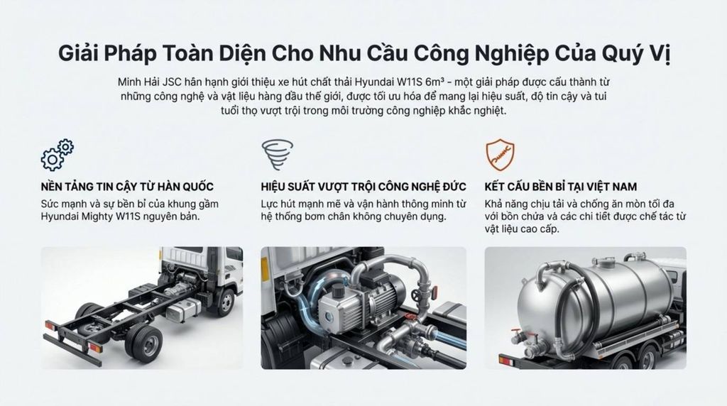 Ba hình ảnh minh họa: khung gầm Hyundai Mighty W11S, hệ thống bơm chân không công nghệ Đức và bồn chứa kim loại chắc chắn, thể hiện sự kết hợp công nghệ đa quốc gia.