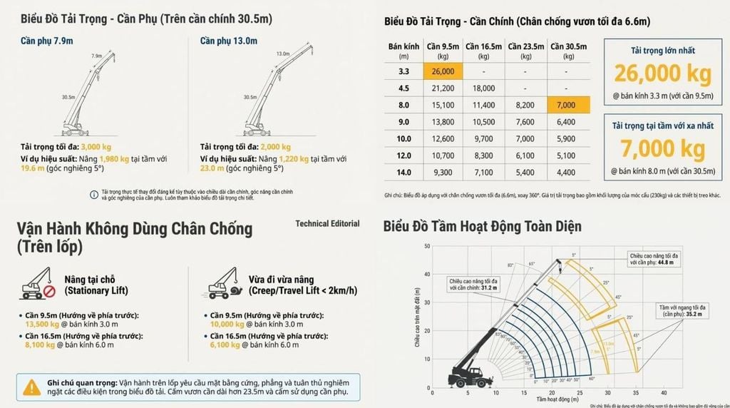 Mô tả ảnh Catalogue ngắn gọn - biểu đồ tải trọng và tầm hoạt động của cẩu Kato KR-25H-V6