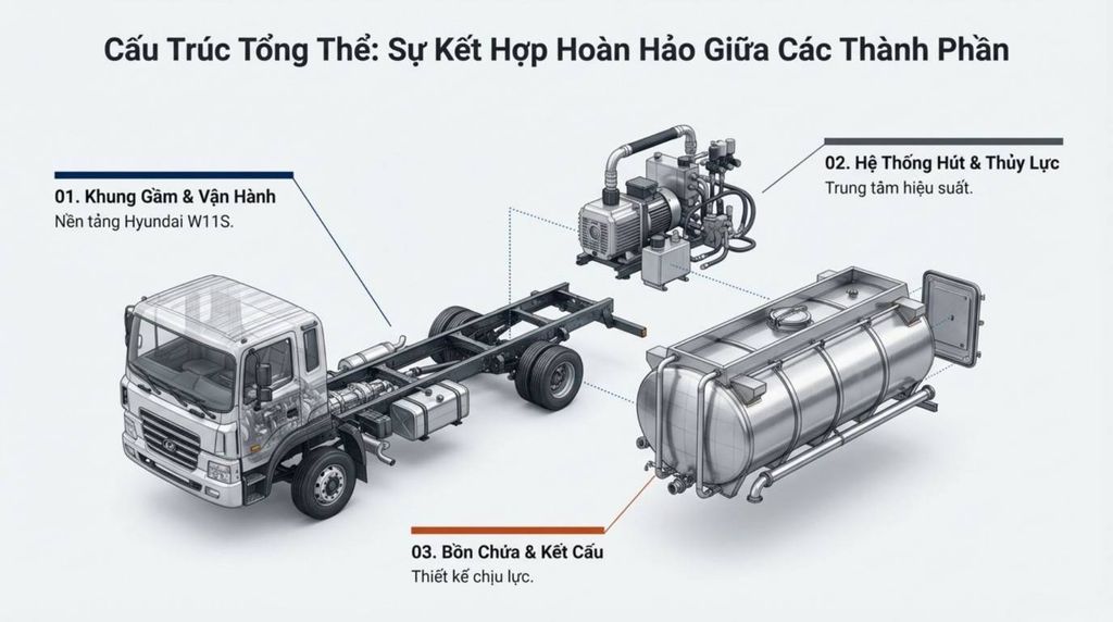 Sơ đồ kỹ thuật chi tiết của xe hút chất thải, minh họa rõ ràng ba thành phần chính: khung gầm Hyundai W11S, hệ thống hút & thủy lực, và bồn chứa cùng kết cấu chịu lực.