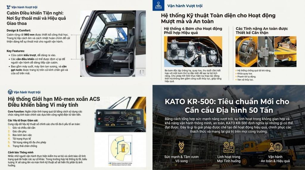 [Hình ảnh mô tả bán kính quay đuôi của KATO KR-500, cần phụ gấp gọn, sơ đồ chân chống bốn vị trí và các chế độ lái tiên tiến trên đường.]