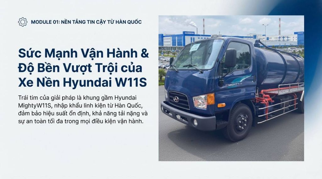 Hình ảnh thực tế một chiếc xe nền Hyundai Mighty W11S màu xanh dương đang đỗ, với nhà máy SAMSUNG ở hậu cảnh, thể hiện nguồn gốc và chất lượng đáng tin cậy.