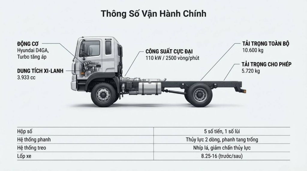 Sơ đồ kỹ thuật của khung gầm xe Hyundai Mighty W11S với các chú thích về động cơ, dung tích xi-lanh, công suất, tải trọng và các thông số kỹ thuật chính.