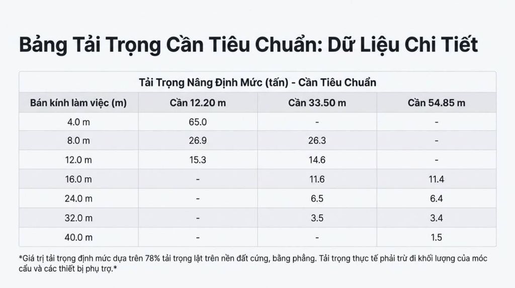 [Bảng dữ liệu chi tiết về tải trọng nâng định mức (tấn) của cần cẩu Sumitomo SC650-2 với cấu hình cần tiêu chuẩn, chia theo bán kính làm việc và các chiều dài cần khác nhau (12.20m, 33.50m, 54.85m).]