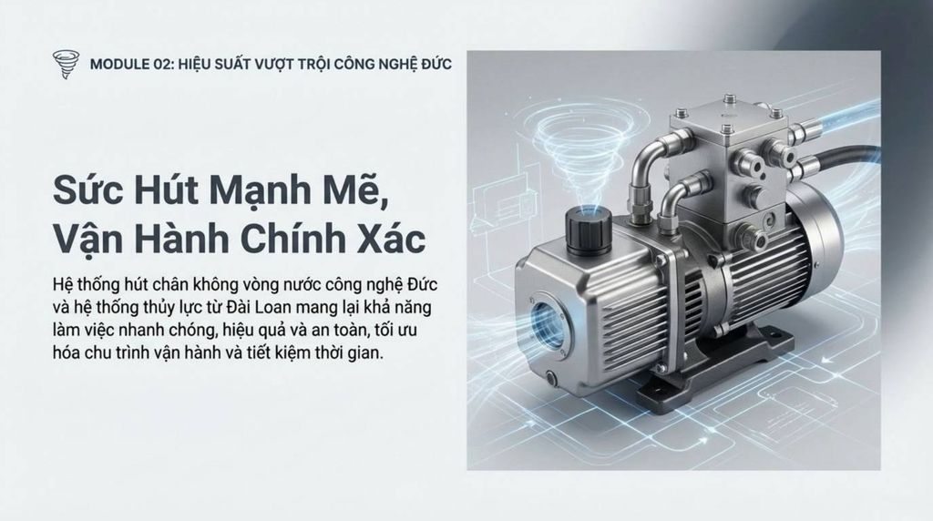 Hình ảnh đồ họa 3D của một bơm chân không công nghiệp với các đường ống và hiệu ứng xoáy nước, minh họa công suất hút mạnh mẽ và công nghệ tiên tiến.