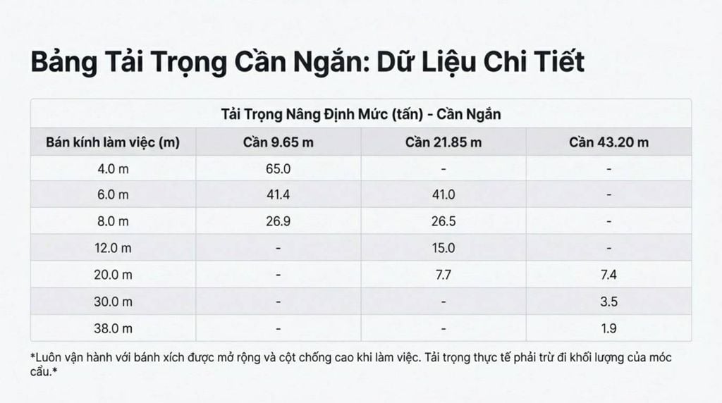 [Bảng dữ liệu chi tiết về tải trọng nâng định mức (tấn) của cần cẩu Sumitomo SC650-2 với cấu hình cần ngắn, chia theo bán kính làm việc và các chiều dài cần khác nhau (9.65m, 21.85m, 43.20m).]