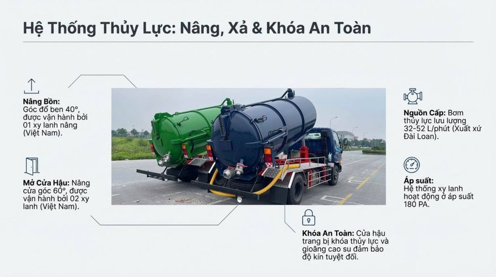 Hai chiếc xe hút chất thải màu xanh lá cây và xanh dương đang nghiêng bồn, minh họa khả năng nâng bồn và mở cửa hậu của hệ thống thủy lực. Các biểu tượng và thông tin chi tiết về chức năng thủy lực được trình bày rõ ràng.