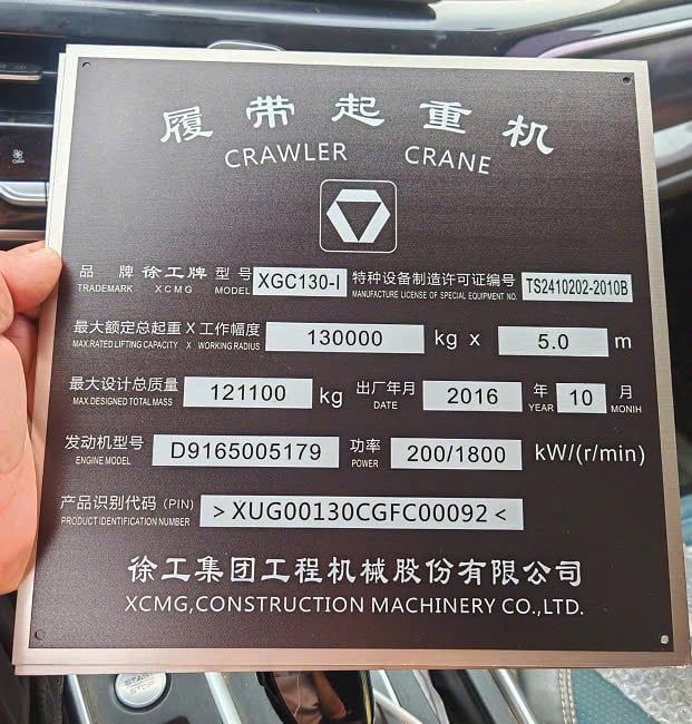 Tem thông số Cẩu xích 130 tấn XCMG đời 2016 nhập khẩu Trung Quốc