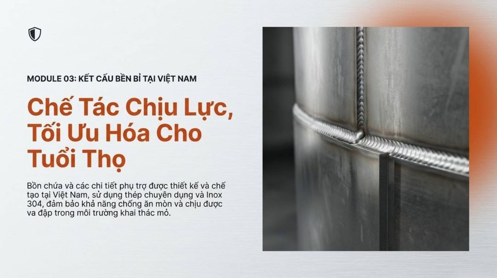 Hình ảnh cận cảnh một mối hàn kim loại chắc chắn và đều đặn trên bề mặt bồn, thể hiện chất lượng chế tác và vật liệu bền bỉ.
