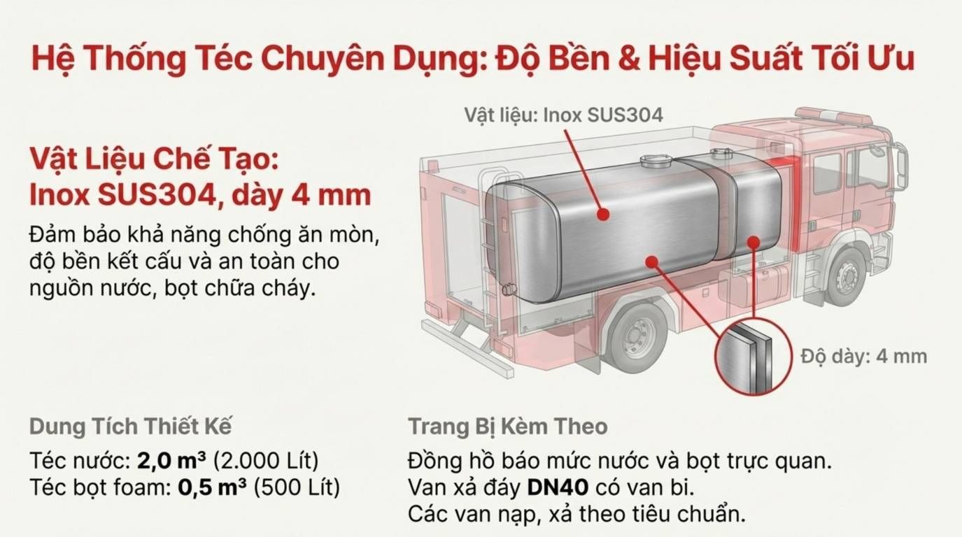 Bồn SUS304 dày 4mm xe chữa cháy 2500 lít Dongfeng – cả bồn nước và foam