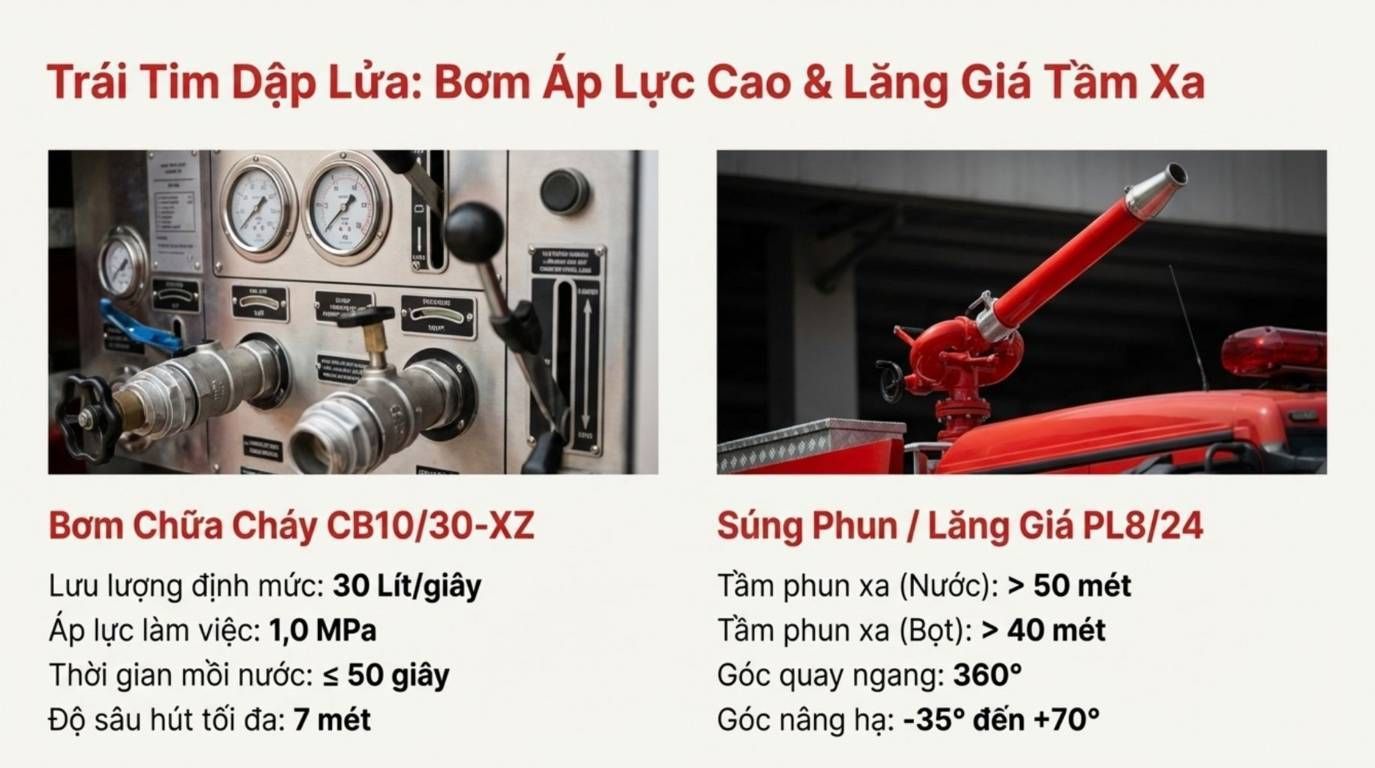 Súng phun PL8/24 và hệ thống bơm CB10/30-XZ trên xe chữa cháy 2,5 khối Dongfeng