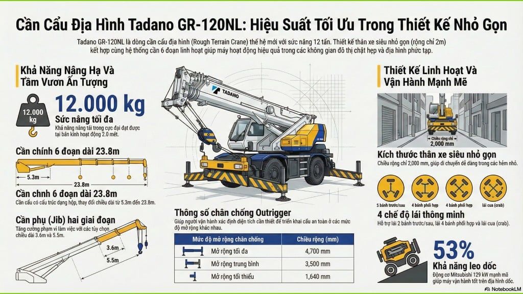 Cẩu bánh lốp 12 tấn Tadano nhập Nhật đời 2004, Model GR-120NL-1,