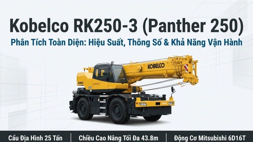 Hình ảnh chiếc cẩu Kobelco RK250-3 màu vàng nổi bật trên nền trắng, cùng các thông tin giới thiệu chung về model và khả năng của máy.