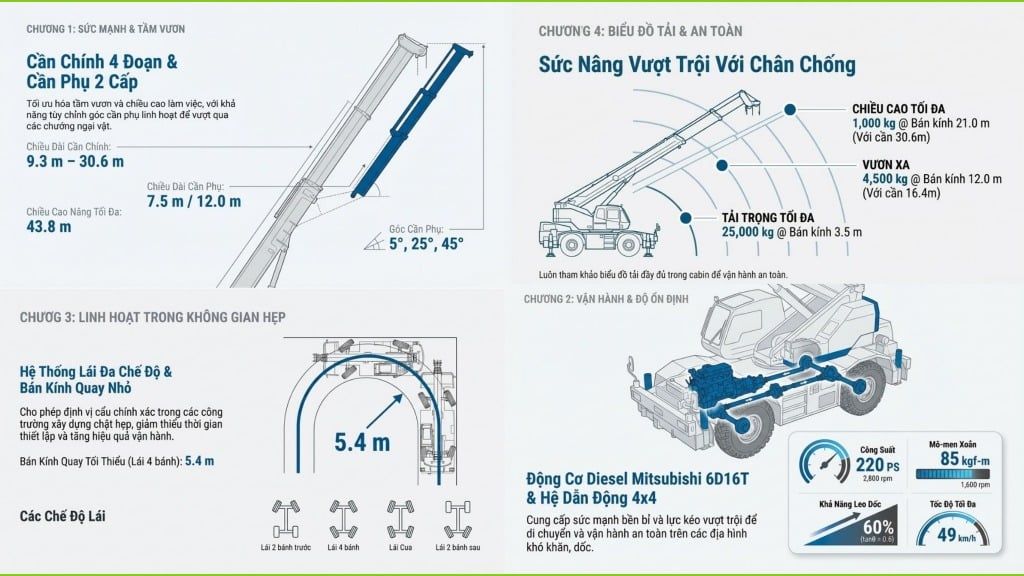 Sơ đồ chi tiết cần chính 4 đoạn, cần phụ 2 cấp, các góc làm việc, biểu đồ tải an toàn, hình ảnh động cơ Mitsubishi 6D16T và hệ thống dẫn động 4x4, cùng các chế độ lái.