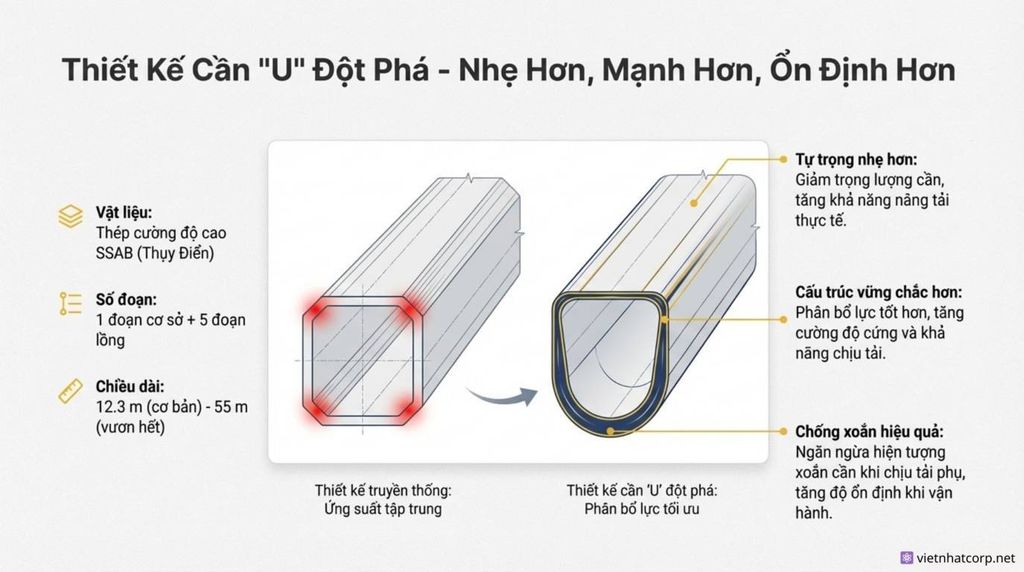 Sơ đồ so sánh thiết kế cần truyền thống và thiết kế cần 