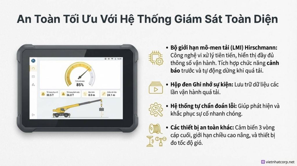 Hình ảnh màn hình máy tính bảng hiển thị Bộ giới hạn mô-men tải (LMI) Hirschmann của XCMG QY90K.