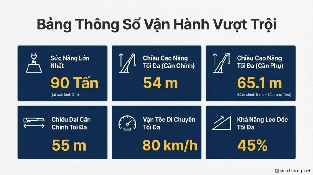 Bảng thông số kỹ thuật vận hành chính của cẩu XCMG QY90K, bao gồm sức nâng, chiều cao nâng, chiều dài cần, vận tốc di chuyển và khả năng leo dốc.