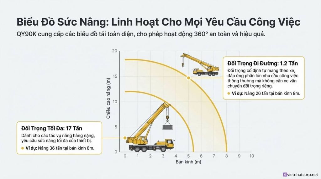 Biểu đồ sức nâng của cẩu XCMG QY90K, minh họa khả năng nâng với đối trọng đi đường và đối trọng tối đa.