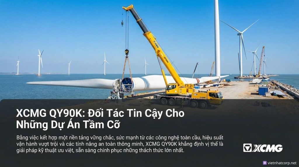 Hình ảnh cẩu XCMG QY90K đang nâng cánh quạt tuabin gió khổng lồ trên công trường điện gió ven biển..