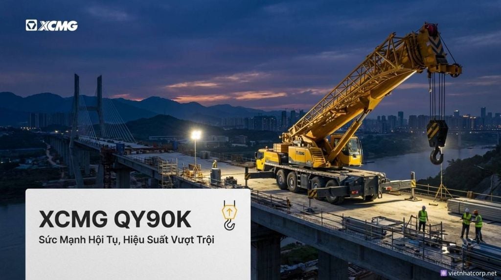 Hình ảnh cẩu lốp XCMG QY90K đang hoạt động trên công trường cầu lớn vào buổi tối, thể hiện sức mạnh và quy mô dự án.