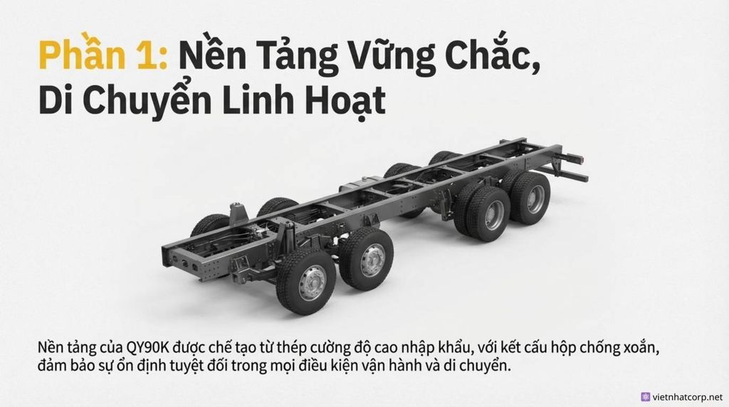 Hình ảnh khung gầm chassis của cẩu XCMG QY90K, thể hiện cấu trúc vững chắc.