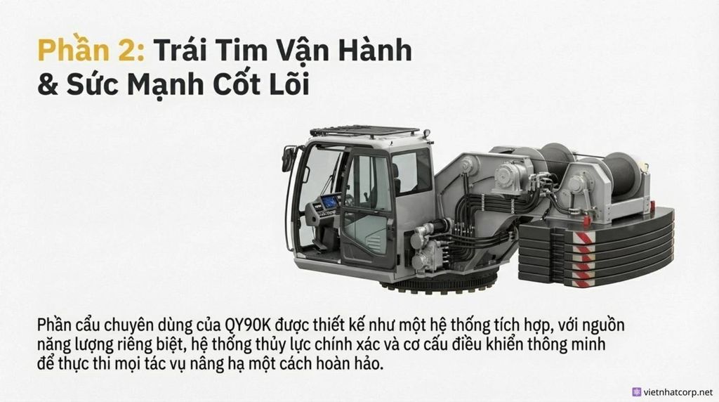 Hình ảnh cấu trúc thượng tầng của cẩu XCMG QY90K, bao gồm cabin điều khiển, tời và đối trọng.