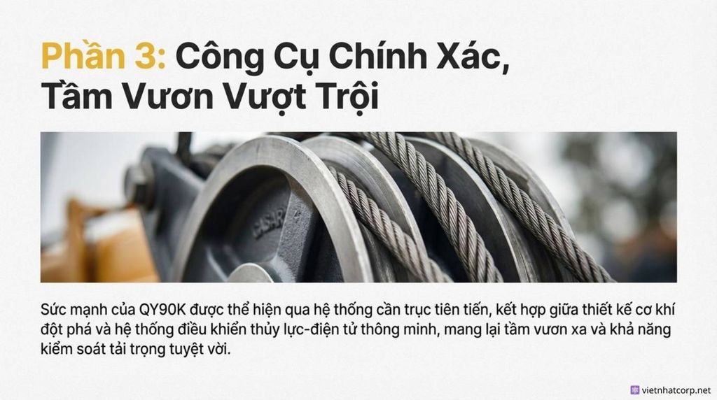 Hình ảnh cận cảnh các ròng rọc và cáp thép Casar trên hệ thống cần trục của cẩu XCMG QY90K.