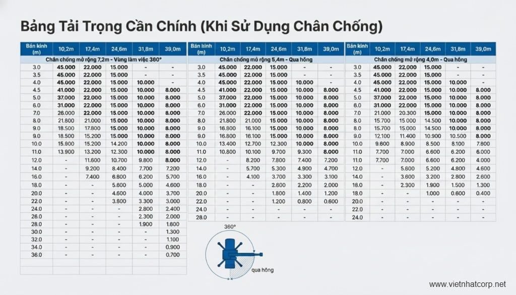 Bảng tải trọng cần chính (khi sử dụng chân chống) Cẩu Kobelco 45 tấn RK450