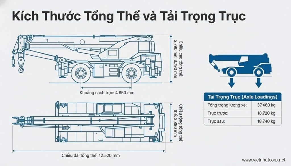 Kích thước tổng thể và tải trọng trục Cẩu Kobelco 45 tấn RK450