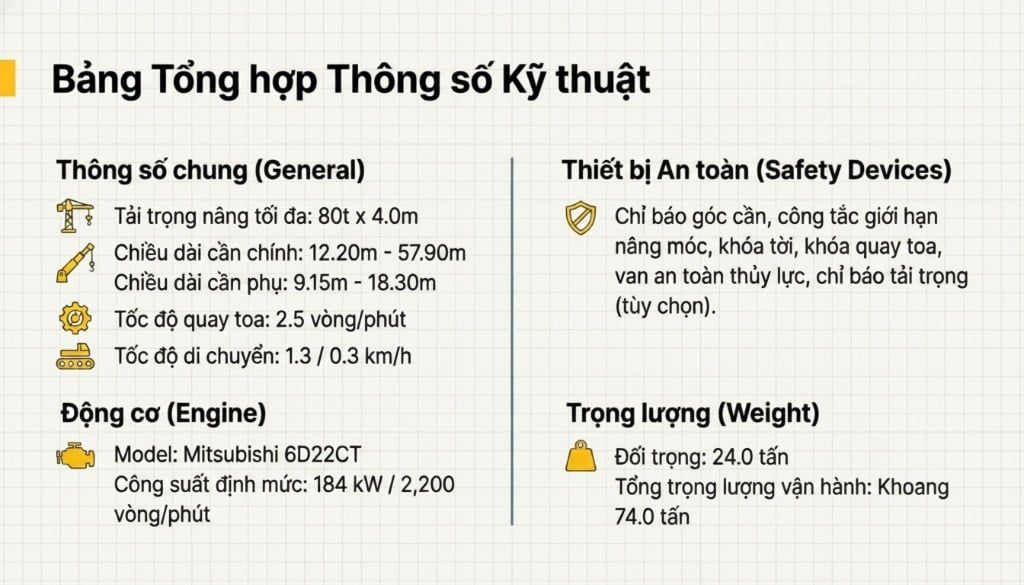 Khám phá cẩu xích Sumitomo SC800 tải trọng 80 tấn với thông số kỹ thuật chi tiết.