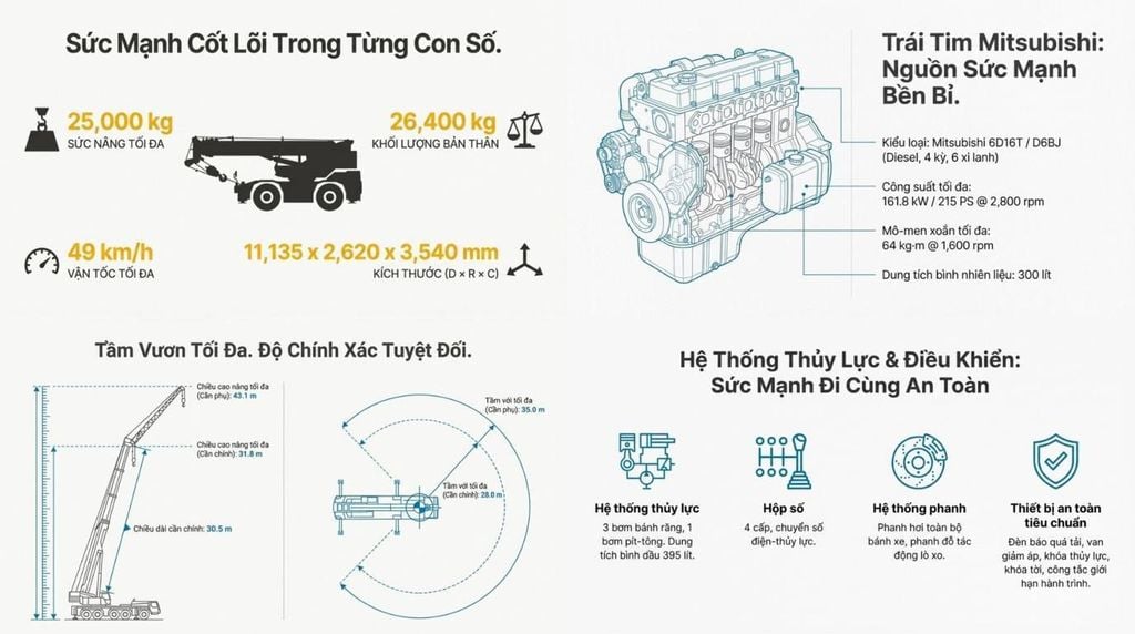 Thông số chính Cẩu bánh béo 25 tấn Kobelco RK250-2 đời 1991