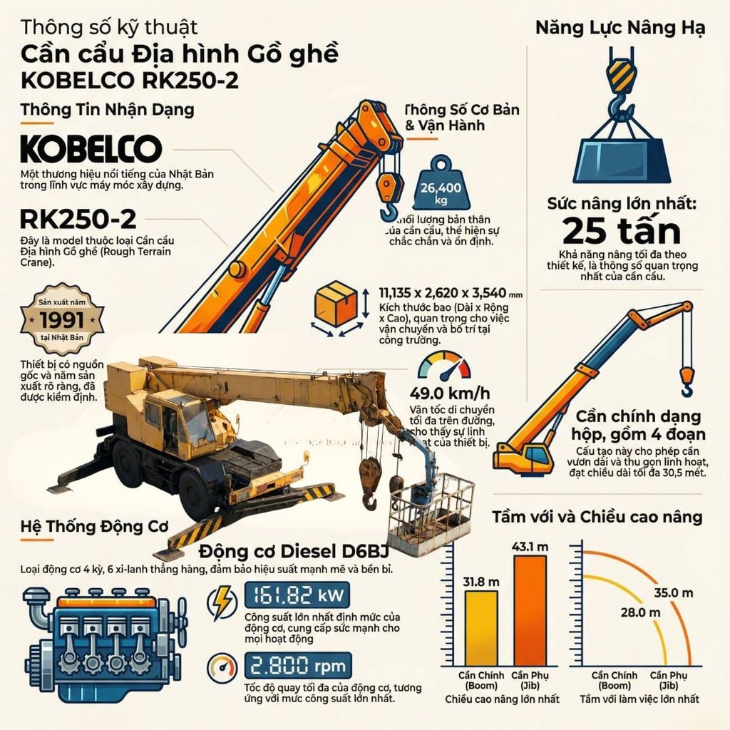 Cẩu bánh béo Kobelco RK250-II đời 1991