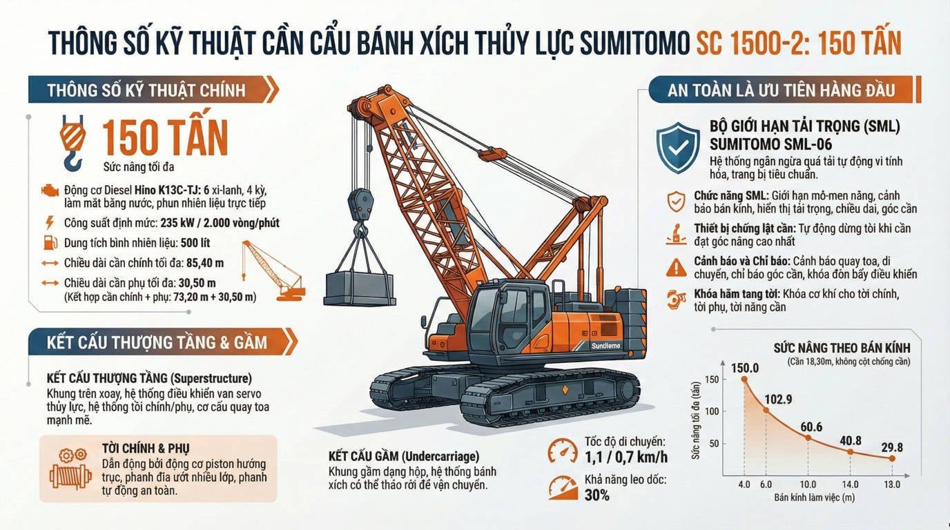 Thông số tổng thể Cẩu Bánh Xích Sumitomo SC1500-2 (150 Tấn) Cũ Đời 1997