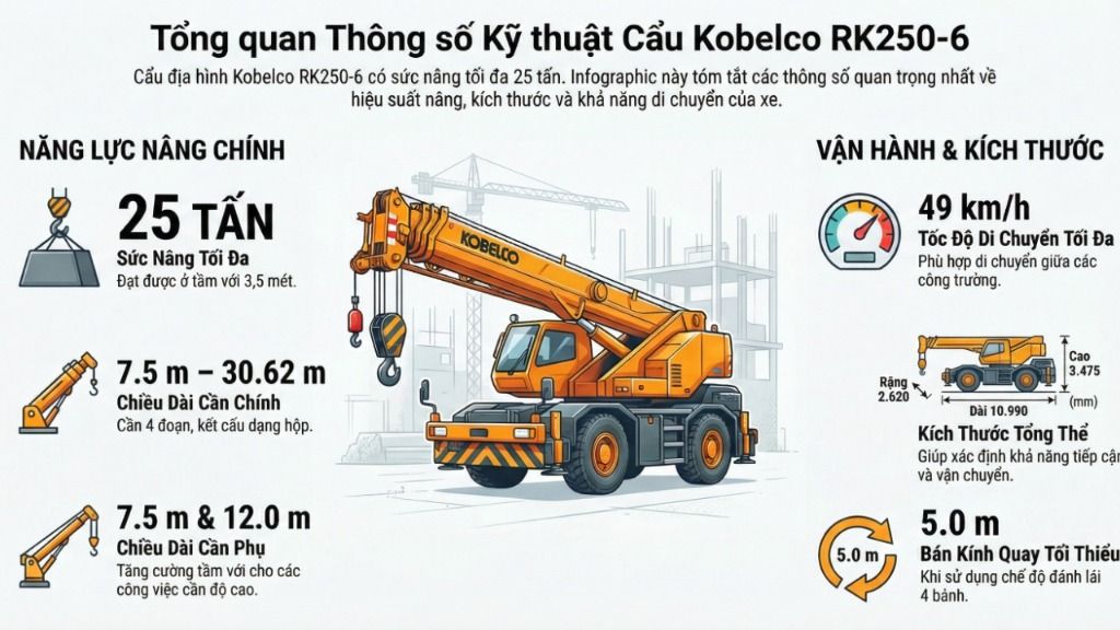 Cẩu lốp cũ 25 tấn KOBELCO RK250-6 đời 2003: Đánh giá chi tiết & Lợi ích đầu tư
