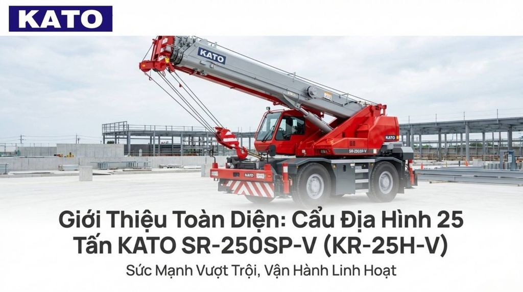 Cẩu địa hình KATO SR-250SP-V (KR-25H-V) 25 tấn màu đỏ nổi bật, thể hiện sức mạnh vượt trội và khả năng vận hành linh hoạt trên công trường xây dựng