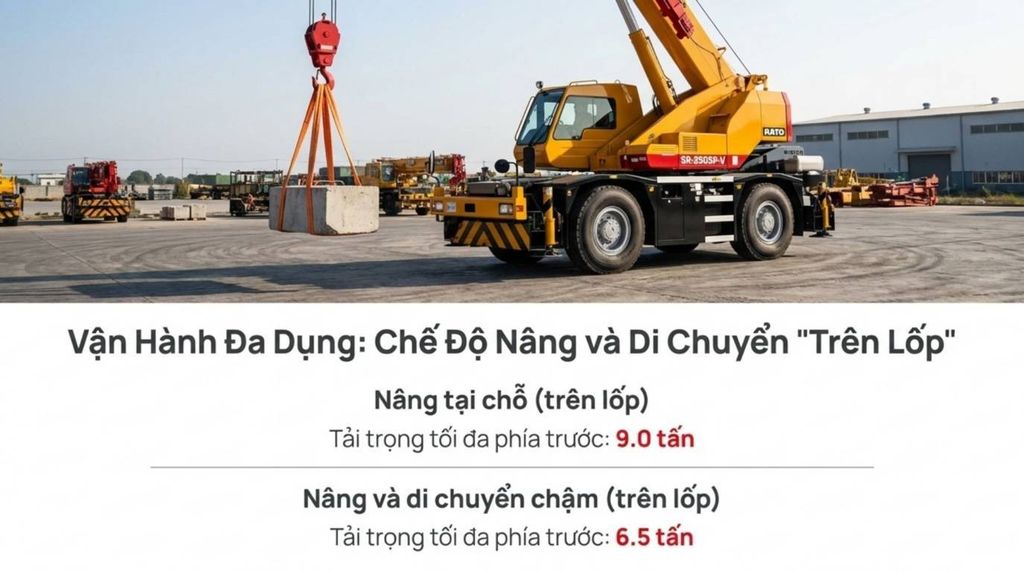 Cẩu địa hình KATO SR-250SP-V màu vàng đang thực hiện thao tác nâng hạ vật liệu nặng, minh họa khả năng vận hành trên lốp linh hoạt